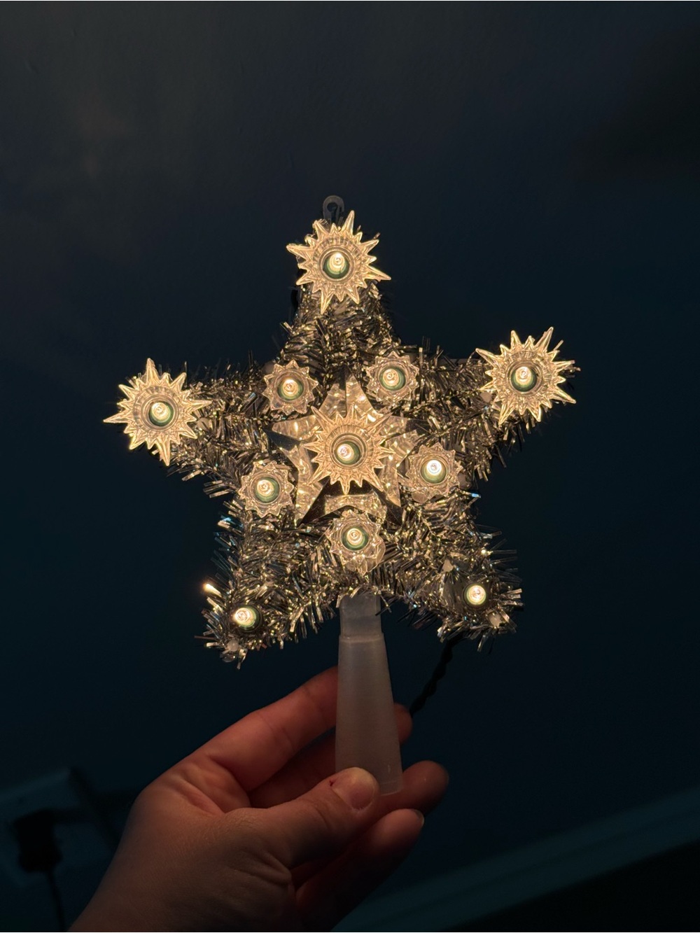Vintage MCM 8" Silver Tinsel Star Christmas Tree Topper Working Holiday Decor